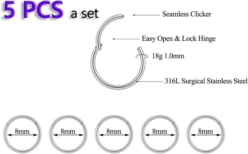 HQLA 5Pcs 16G 18G Surgical Steel Nose Rings Hoop Tragus Septum Cartilage Hoop Earrings For Women Men Body Piercing Jewelry Kit Bar Length 6mm/8mm/10mm/12mm/14mm - Image 2